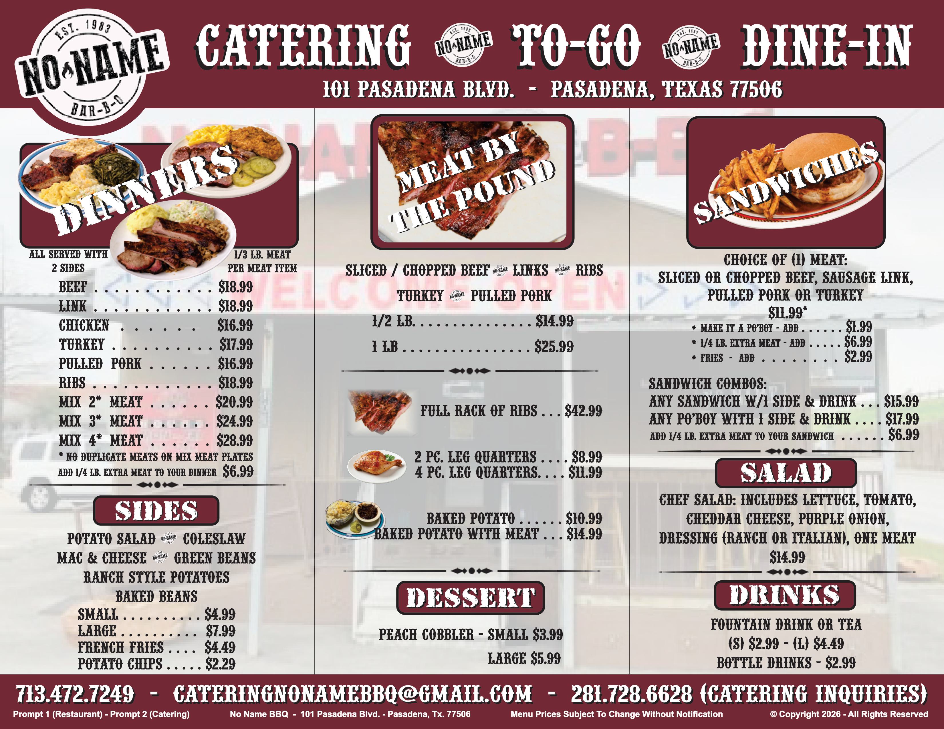 No Name Bar-B-Q Menu Flyer